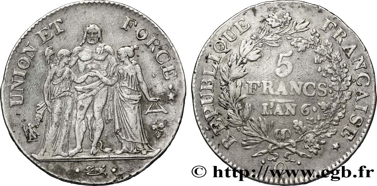 5 francs Union et Force, Union serré, avec gland intérieur du bas et gland extérieur 1798 Perpignan F.288/78 MBC45 