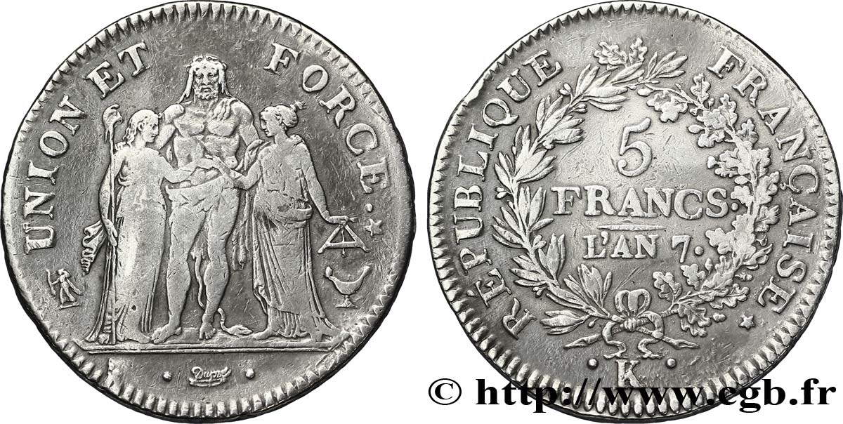 5 francs Union et Force, Union desserré, avec glands intérieurs et gland extérieur 1799 Bordeaux F.291/23 TB32 