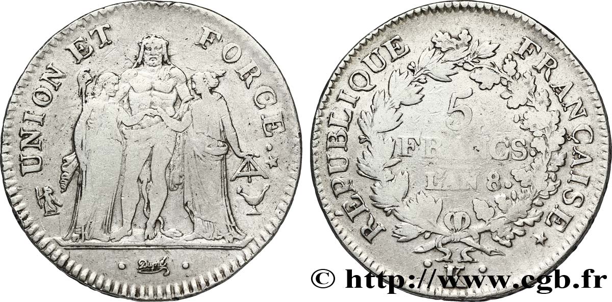 5 francs Union et Force, Union desserré, avec glands intérieurs et gland extérieur 1800 Bordeaux F.291/32 BC25 