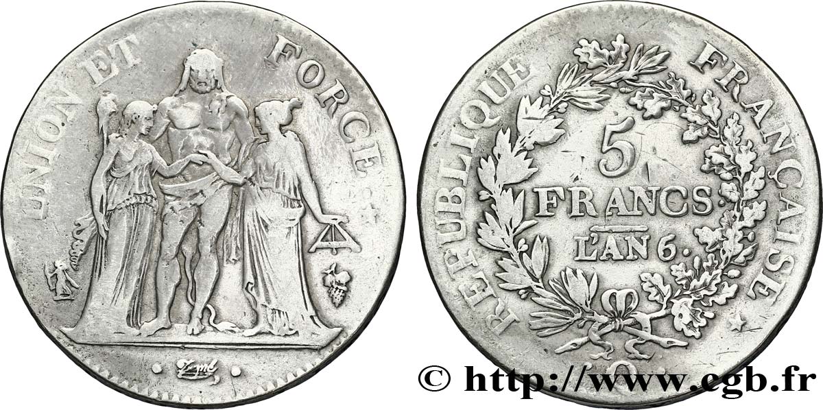 5 francs Union et Force, Union serré, seulement gland extérieur 1798 Perpignan/Bordeaux F.288/84 BC28 