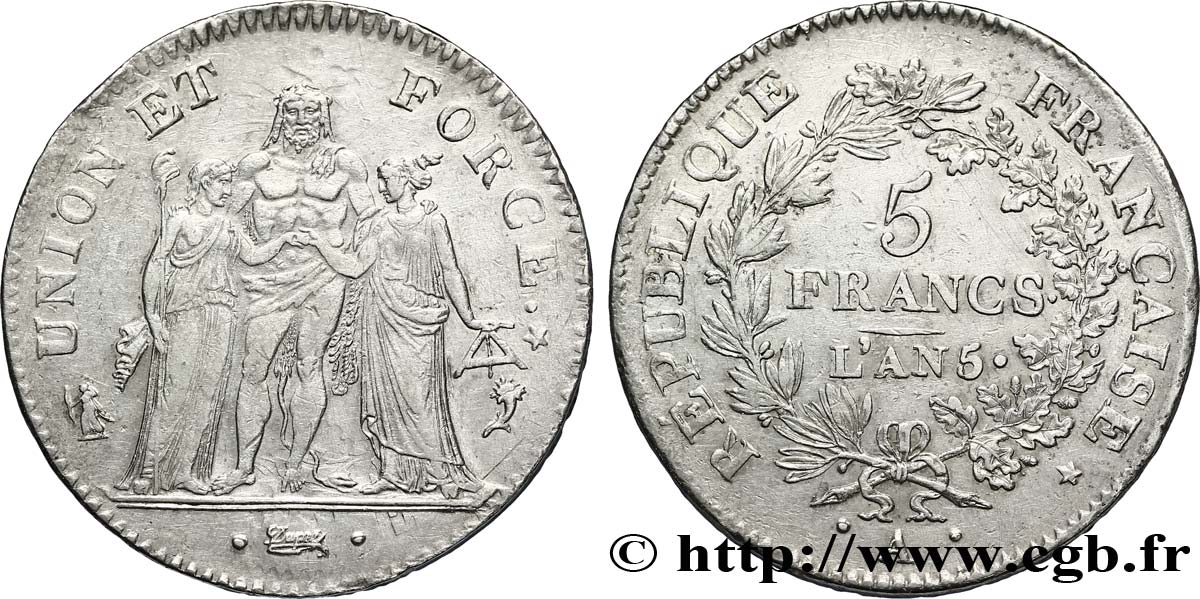 5 francs Union et Force, Union desserré, seulement gland extérieur 1797 Paris F.291/10 MBC50 