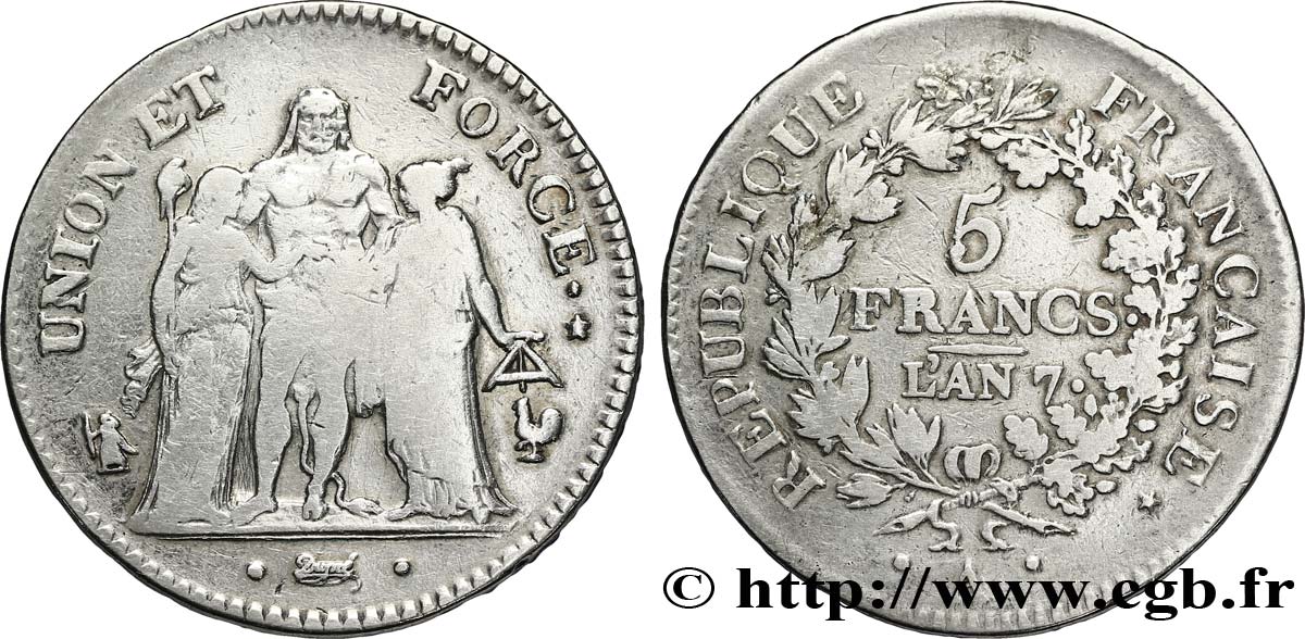 5 francs Union et Force, Union serré, seulement gland extérieur, petite feuille 1799 Paris F.288/99 S25 