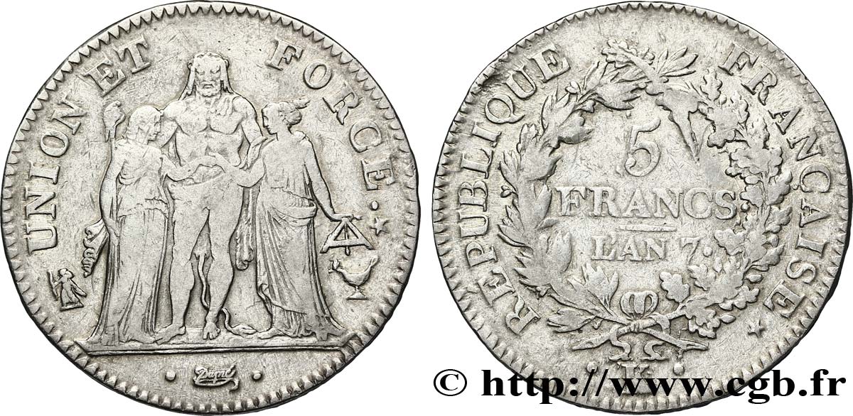 5 francs Union et Force, Union desserré, seulement gland extérieur, petite feuille 1799 Bordeaux F.291/25 S35 