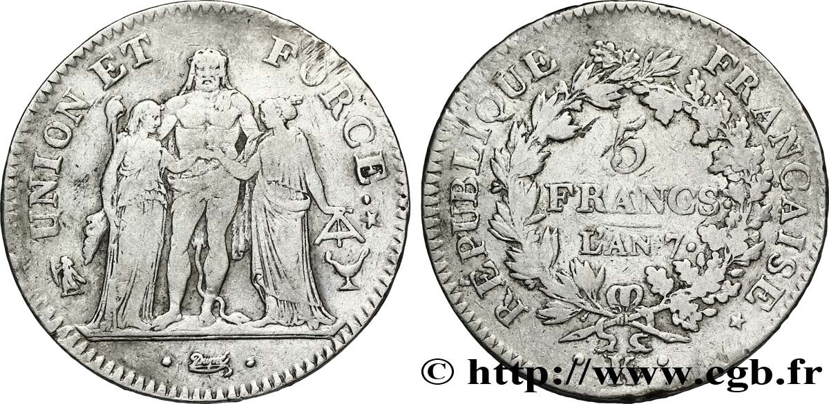 5 francs Union et Force, Union desserré, seulement gland extérieur, petite feuille 1799 Bordeaux F.291/25 TB35 