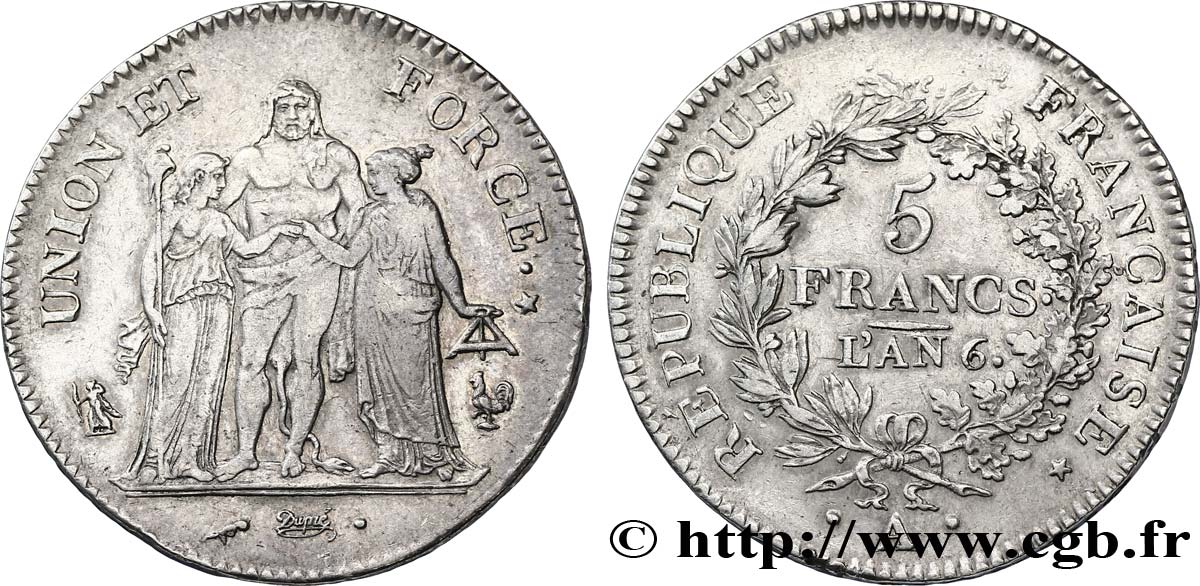 5 francs Union et Force, Union serré, gland intérieur haut, gland extérieur, petite feuille 1798 Paris F.288/33 BB48 