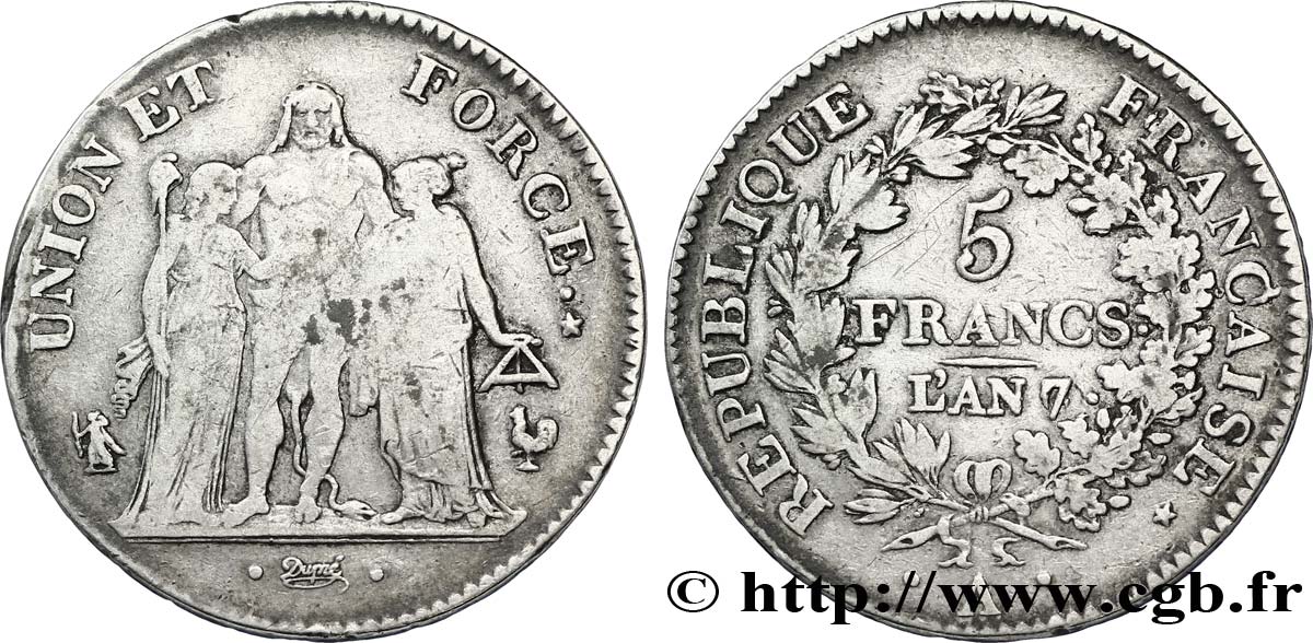 5 francs Union et Force, Union serré, gland intérieur haut, gland extérieur, petite feuille 1799 Paris F.288/104 S25 