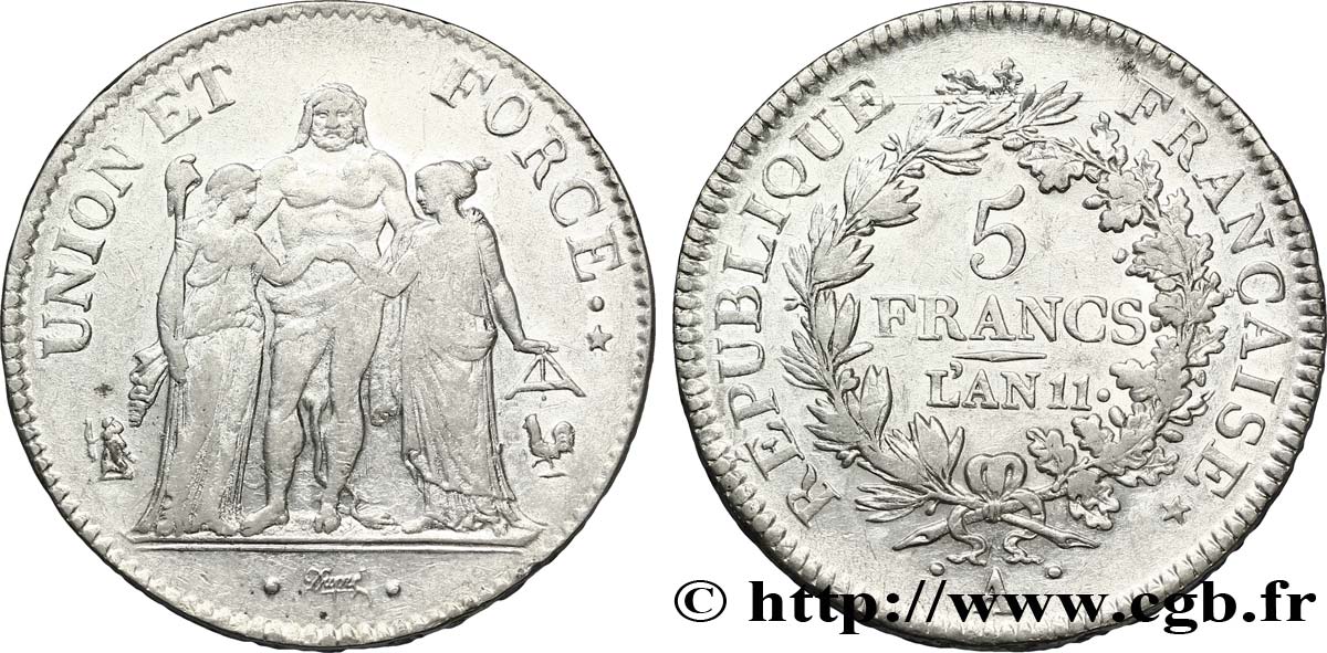 5 francs Union et Force, Union serré, seulement glands intérieurs 1803 Paris F.288/187 TTB45 
