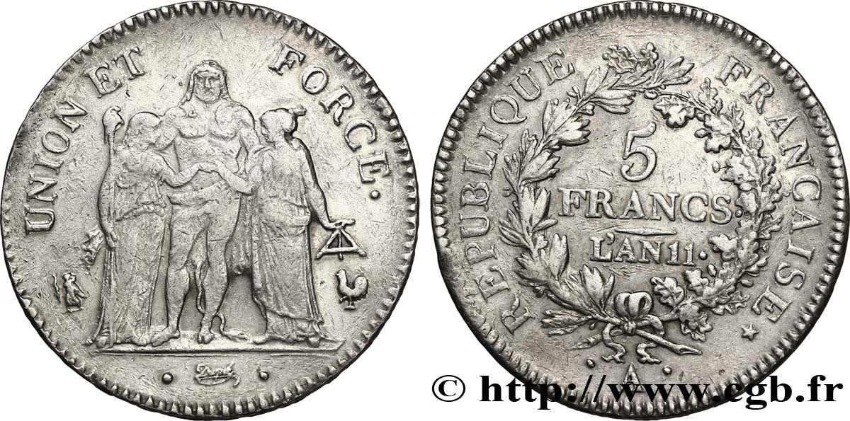 5 francs Union et Force, Union serré, seulement glands intérieurs 1803 Paris F.288/189 TTB40 