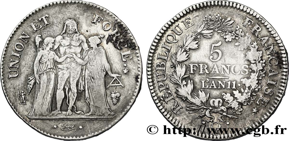5 francs Union et Force, Union serré, seulement glands intérieurs 1803 Perpignan F.288/197 TB35 