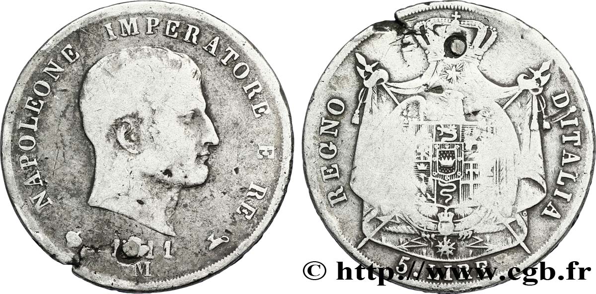 5 lire Napoléon Empereur et Roi d’Italie, 2ème type, tranche en creux 1811 Milan M.224  VG10 