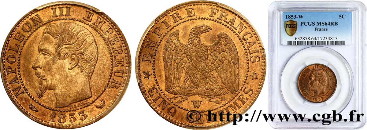 Cinq centimes Napoléon III, tête nue 1853 Lille F.116/7 SPL64 PCGS