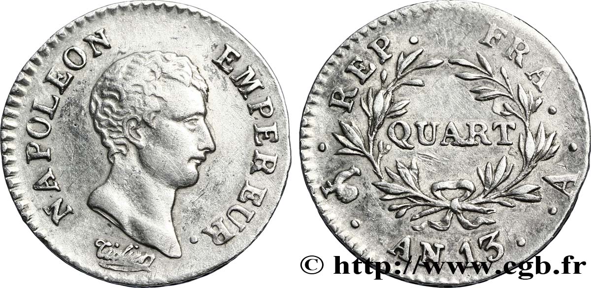 Quart (de franc) Napoléon Empereur, Calendrier révolutionnaire 1805 Paris F.158/8 XF48 