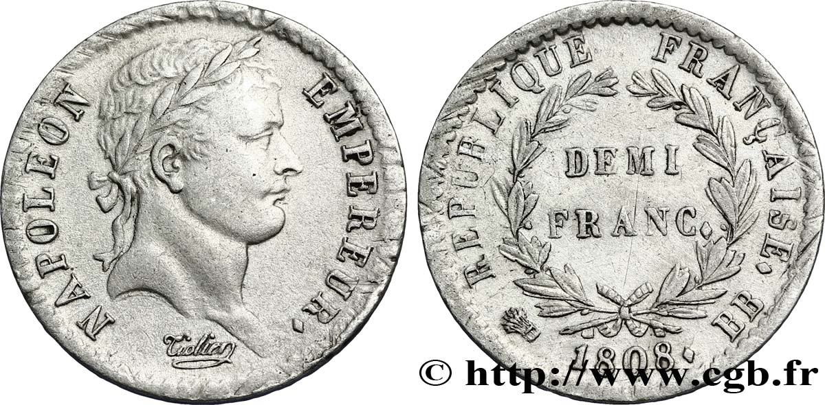 Demi-franc Napoléon Ier tête laurée, République française, buste fin 1808 Strasbourg F.177/4 TTB50 