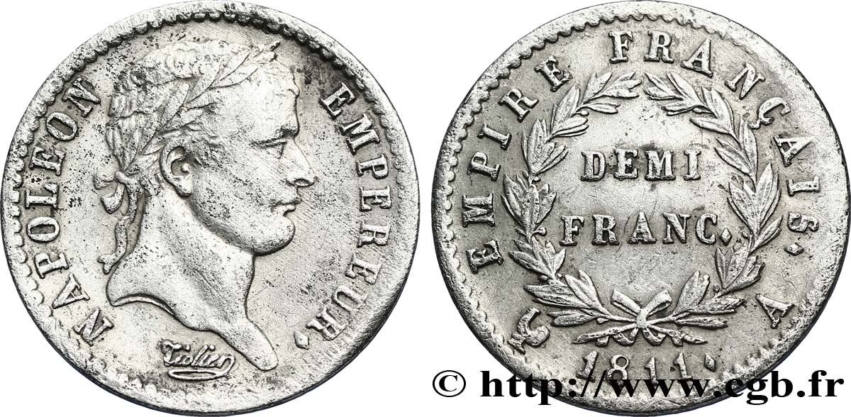 Demi-franc Napoléon Ier tête laurée, Empire français 1811 Paris F.178/21 SS45 