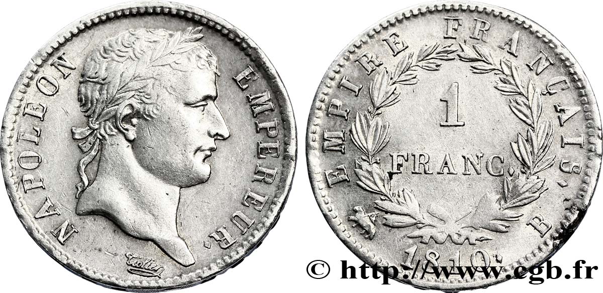 1 franc Napoléon Ier tête laurée, Empire français 1810 Rouen F.205/14 TTB50 