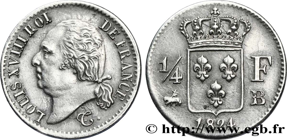 1/4 franc Louis XVIII  1824 Rouen F.163/32 TTB53 