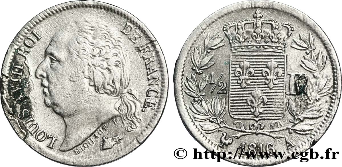1/2 franc Louis XVIII 1816 Paris F.179/1 TTB40 