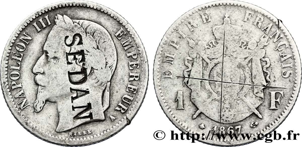 1 franc Napoléon III, tête laurée, contremarqué SEDAN 1867 Paris F.215/6 var. B12 