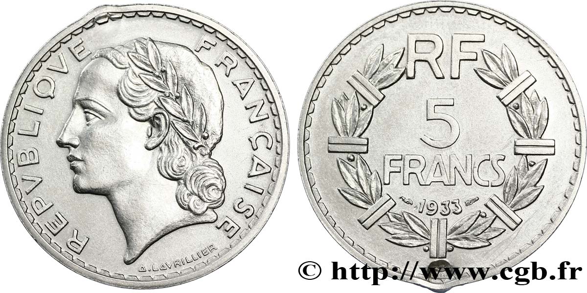 Essai de 5 francs Lavrillier, nickel, avec différents 1933  F.336/1 var. AU58 