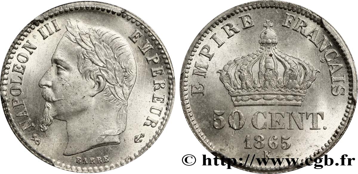 50 centimes Napoléon III, tête laurée 1865 Bordeaux F.188/8 MS64 