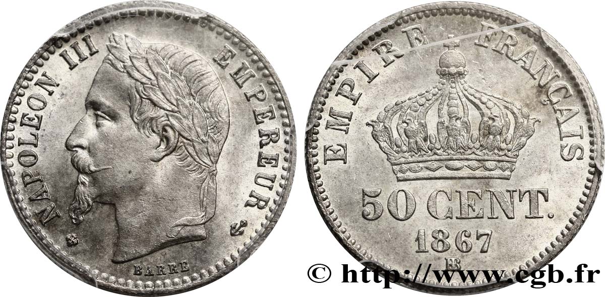 50 centimes Napoléon III, tête laurée 1867 Strasbourg F.188/15 SPL64 PCGS