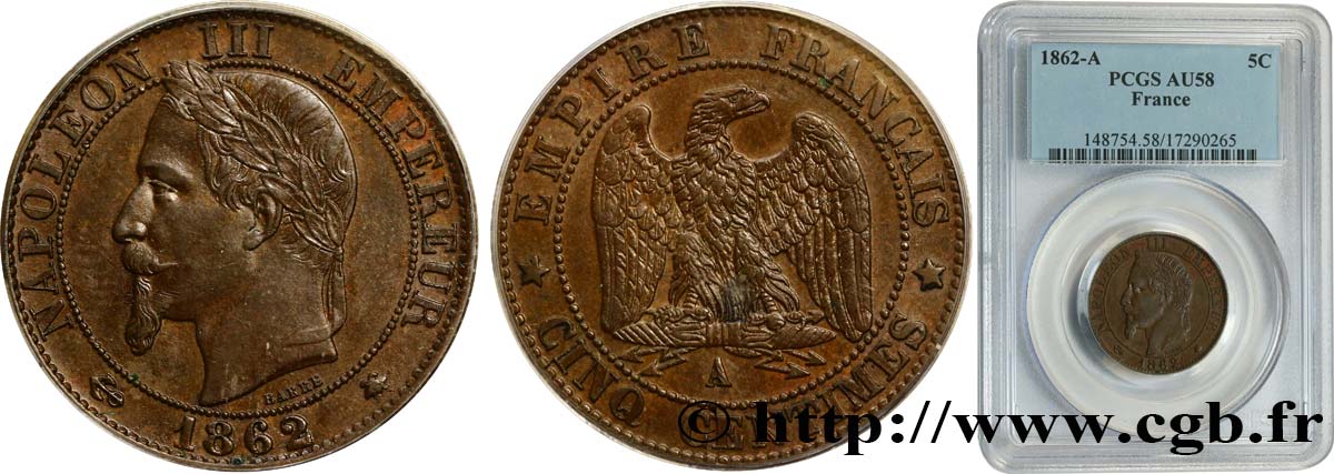 Cinq centimes Napoléon III, tête laurée 1862 Paris F.117/7 VZ58 PCGS