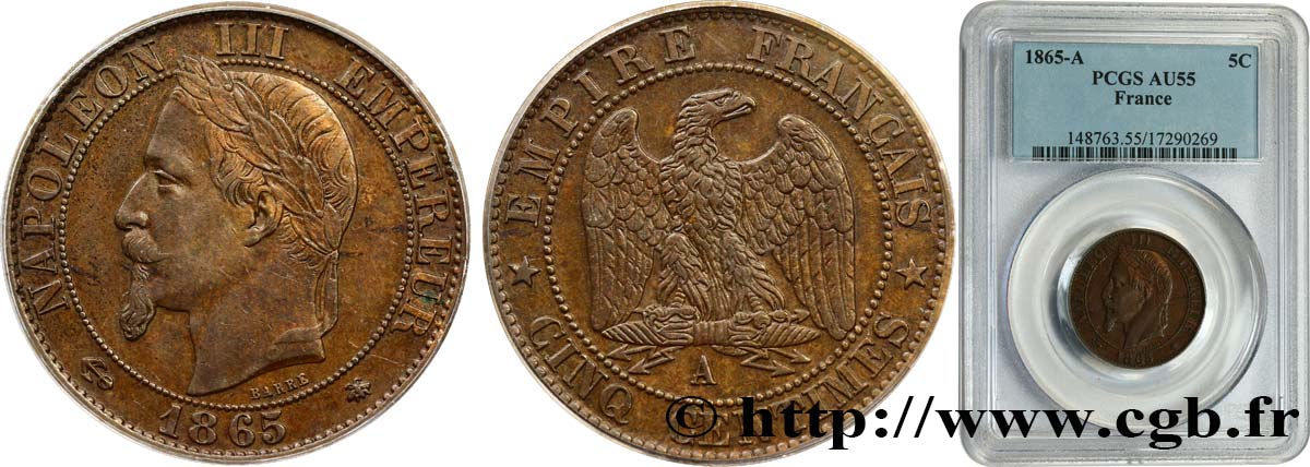 Cinq centimes Napoléon III, tête laurée 1865 Paris F.117/16 VZ55 PCGS