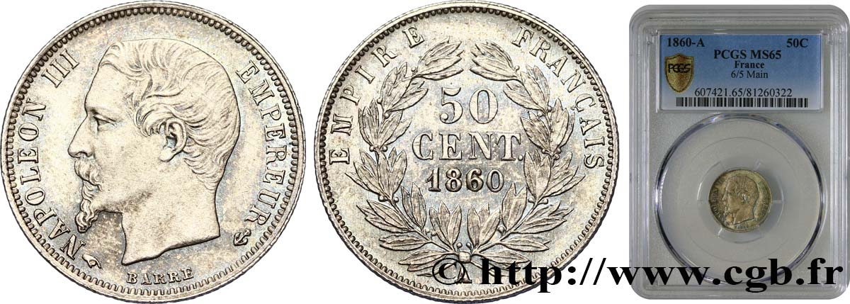 50 centimes Napoléon III, tête nue 1860 Paris F.187/12 MS65 