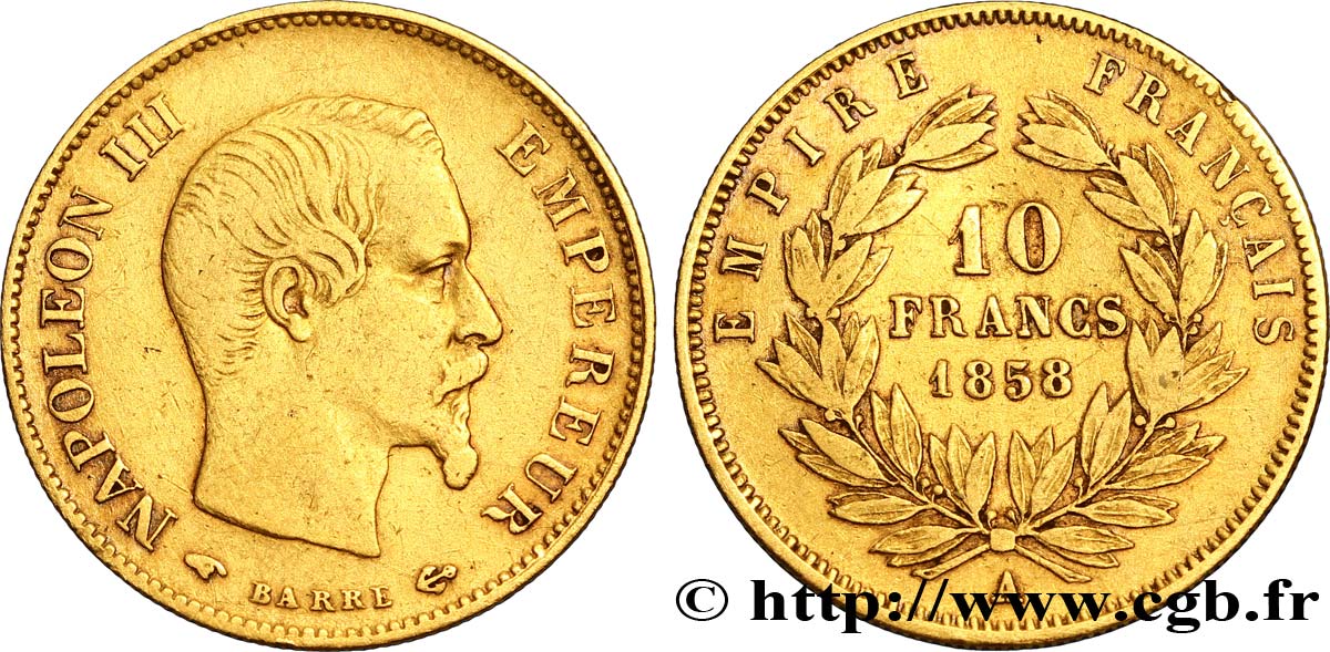 10 francs or Napoléon III, tête nue, grand module 1858 Paris F.506/5 VF30 