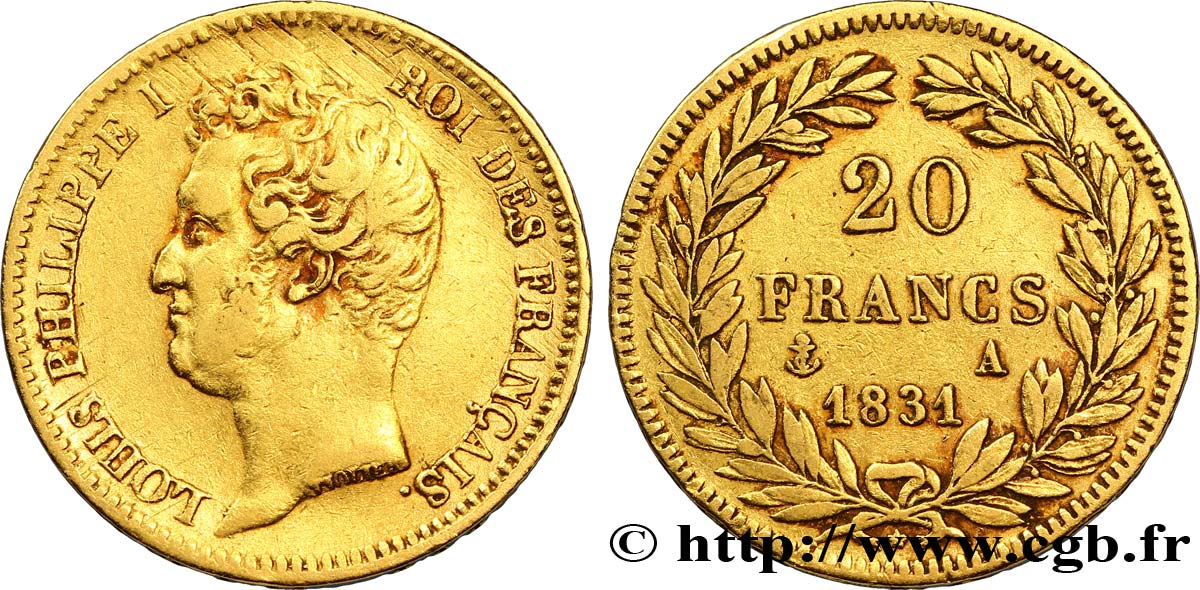 20 francs or Louis-Philippe, Tiolier, tranche inscrite en creux 1831 Paris F.524/2 TTB42 