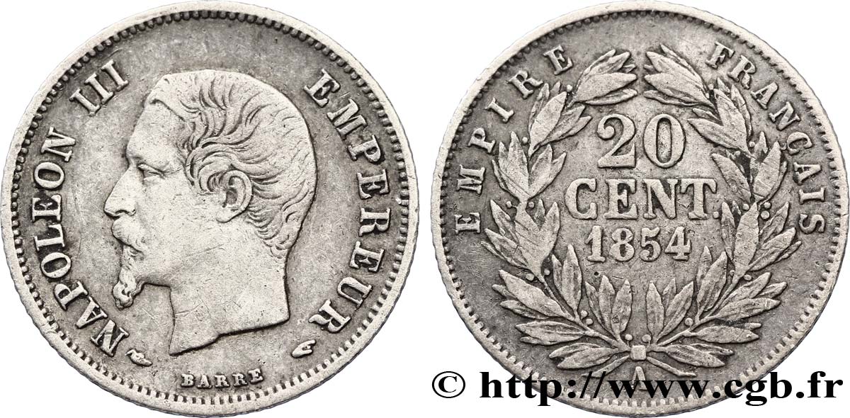20 centimes Napoléon III, tête nue 1854 Paris F.148/2 VF35 