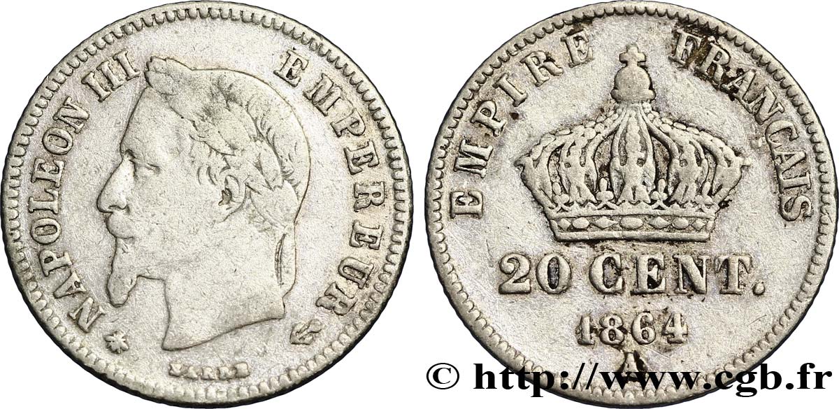 20 centimes Napoléon III, tête laurée, petit module 1864 Paris F.149/1 TB20 