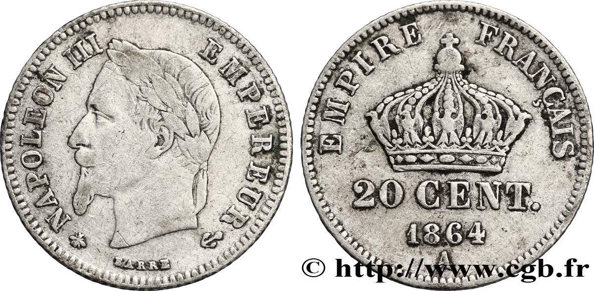 20 centimes Napoléon III, tête laurée, petit module 1864 Paris F.149/1 TB20 