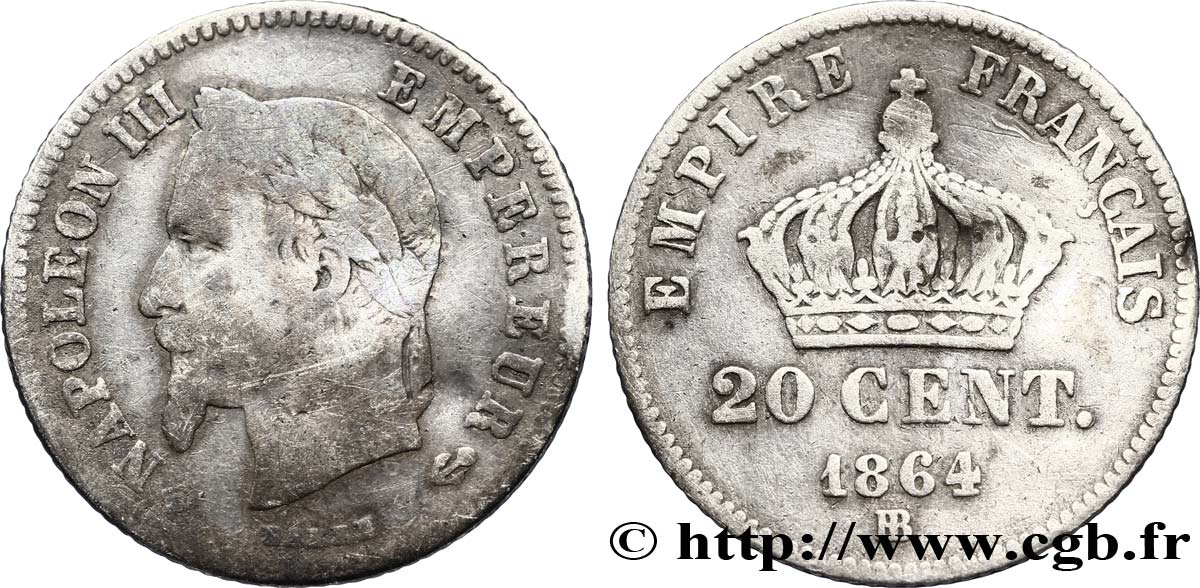 20 centimes Napoléon III, tête laurée, petit module 1864 Strasbourg F.149/2 B 