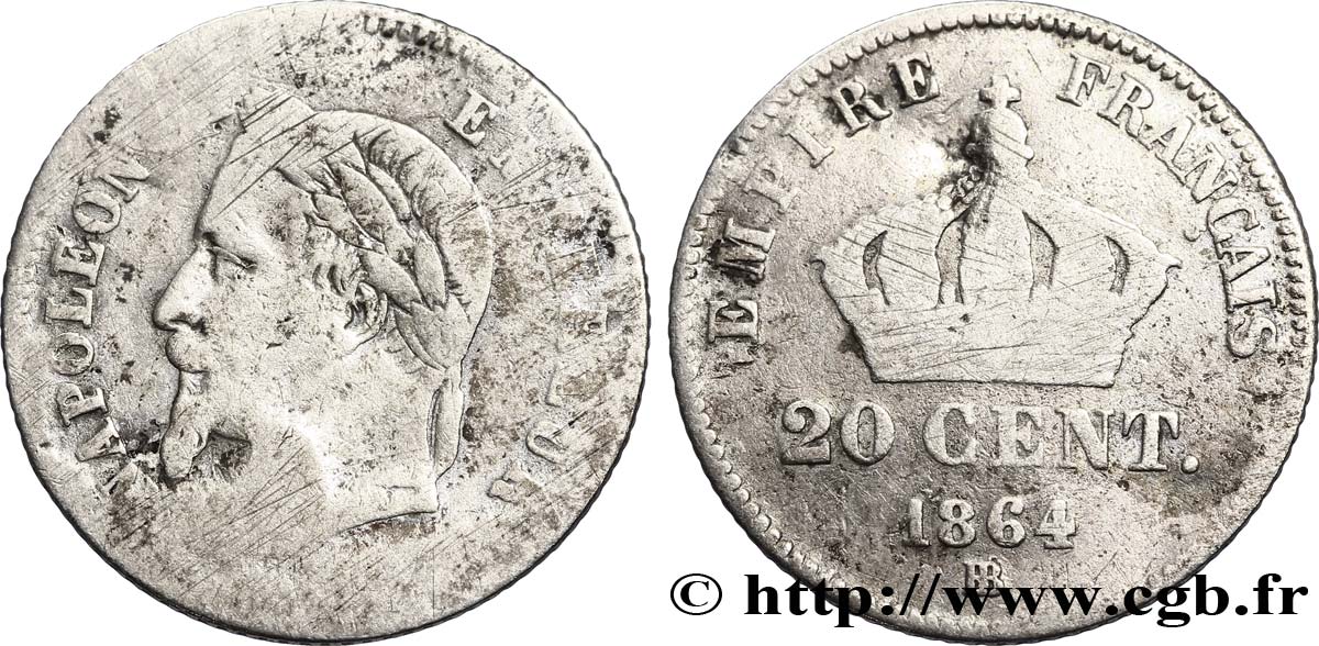 20 centimes Napoléon III, tête laurée, petit module 1864 Strasbourg F.149/2 AB 