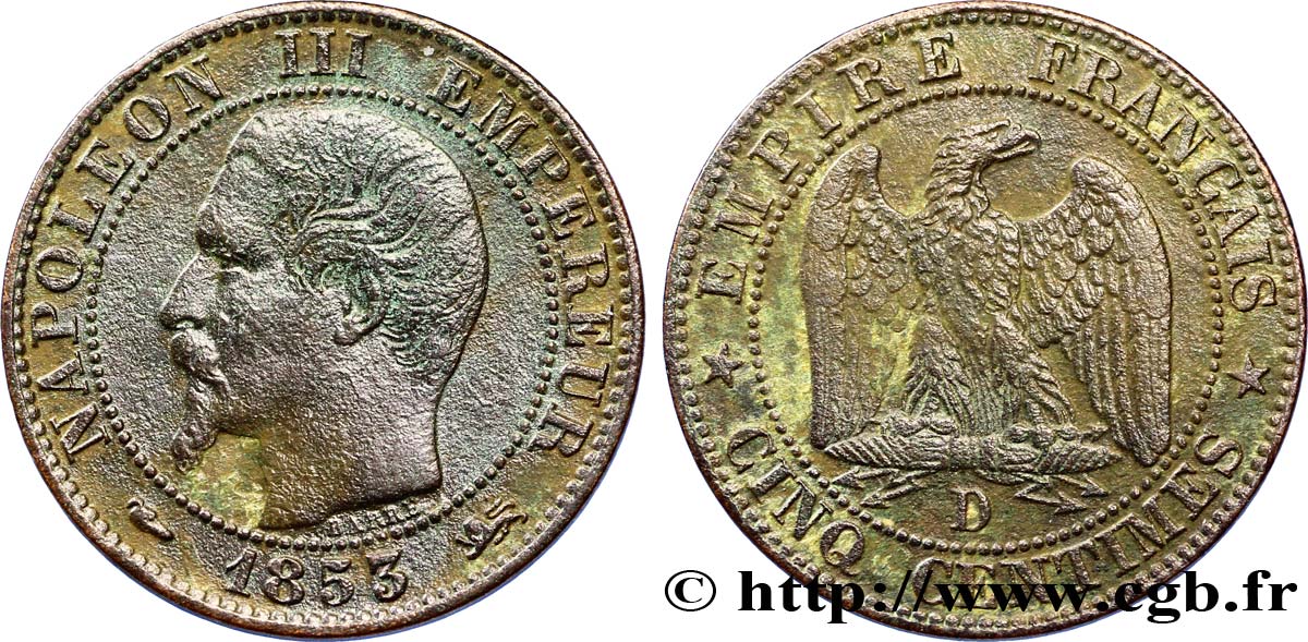 Cinq centimes Napoléon III, tête nue 1853 Lyon F.116/4 TTB45 