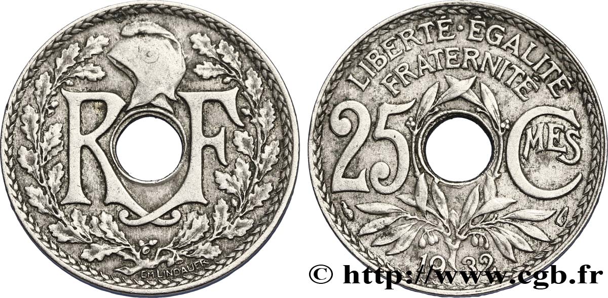 25 centimes Lindauer, frappe médaille 1932  F.171/16 var. BB45 