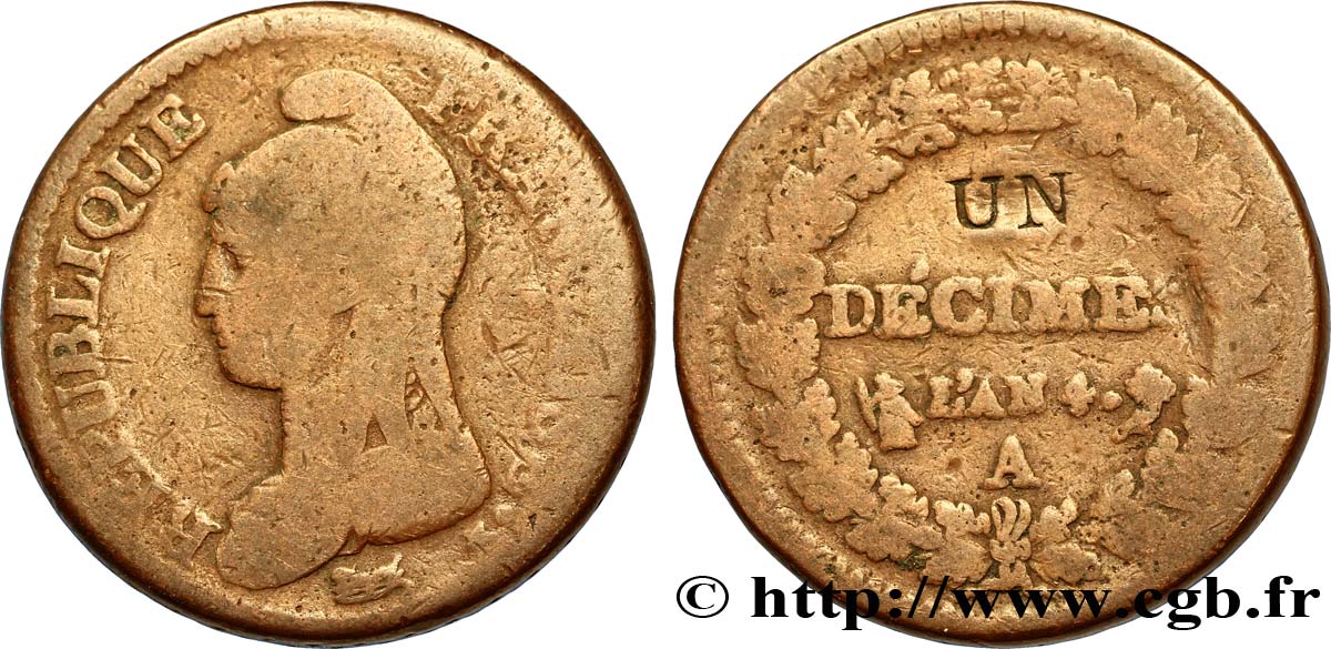 Un décime Dupré, modification du 2 décimes 1796 Paris F.127/1 RC10 