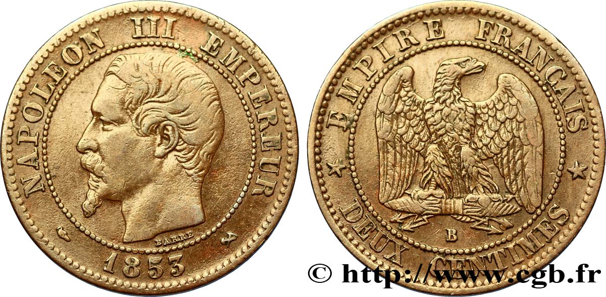 Deux centimes Napoléon III, tête nue 1853 Rouen F.107/2 MBC40 