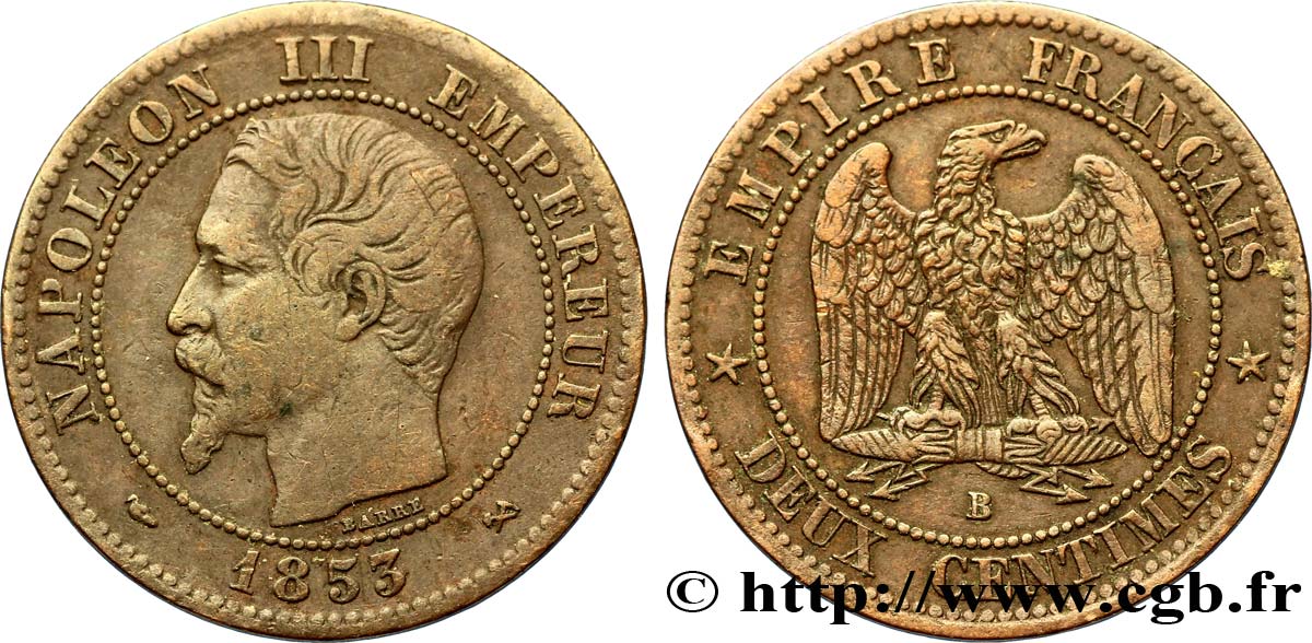 Deux centimes Napoléon III, tête nue 1853 Rouen F.107/2 TTB40 