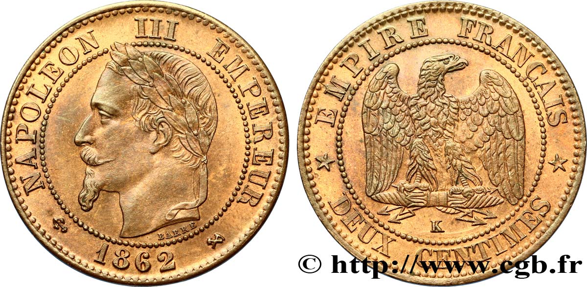 Deux centimes Napoléon III, tête laurée 1862 Bordeaux F.108A/7 SUP60 