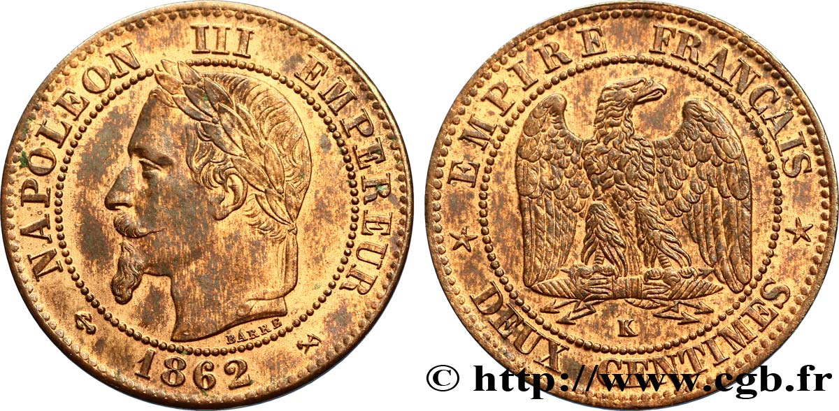 Deux centimes Napoléon III, tête laurée 1862 Bordeaux F.108A/7 SPL60 