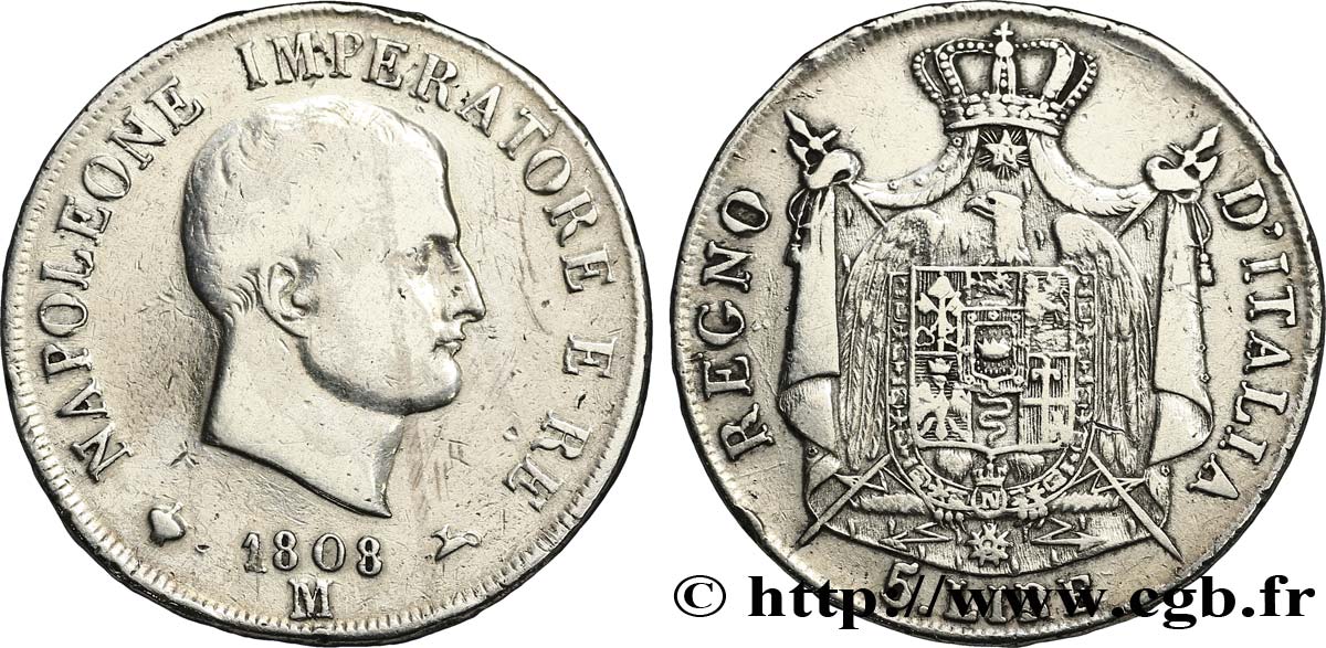 5 lire Napoléon Empereur et Roi d’Italie, 1er type, tranche en relief 1808 Milan M.218  TB20 
