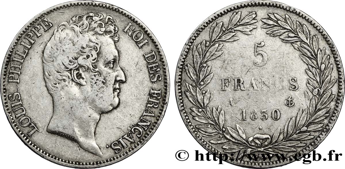 5 francs type Tiolier sans le I, tranche en creux 1830 Paris F.313/1 TB30 