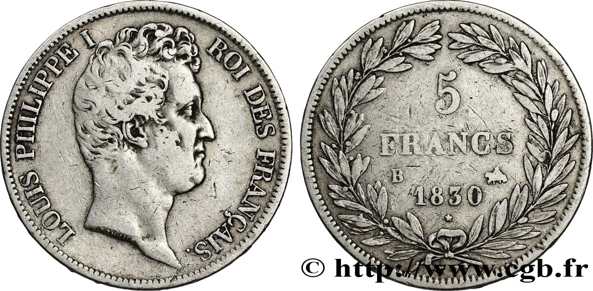 5 francs type Tiolier avec le I, tranche en creux 1830 Rouen F.315/2 TB30 