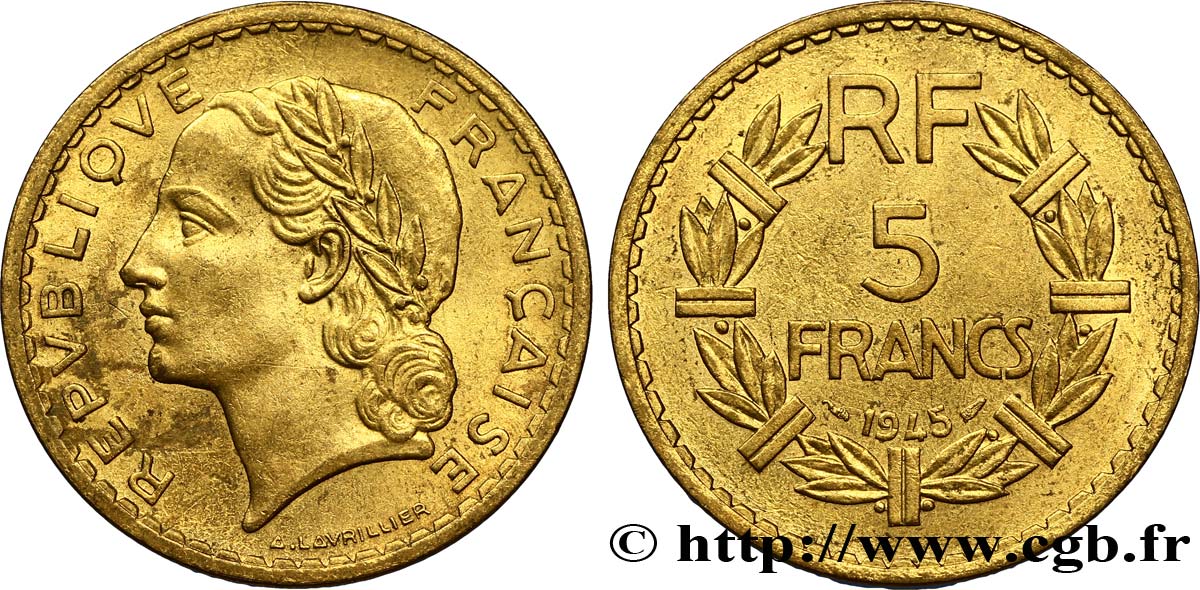 5 francs Lavrillier, bronze-aluminium 1945  F.337/5 TTB53 