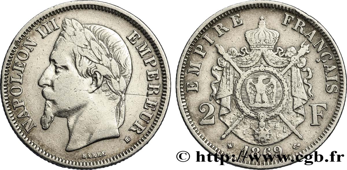 2 francs Napoléon III, tête laurée 1869 Strasbourg F.263/11 TB30 