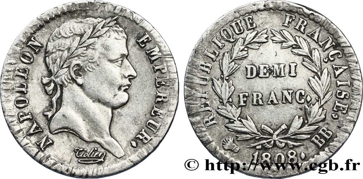 Demi-franc Napoléon Ier tête laurée, République française 1808 Strasbourg F.177/4 AU50 