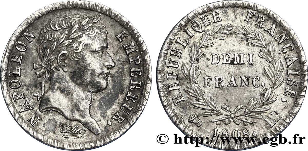 Demi-franc Napoléon Ier tête laurée, République française 1808 Strasbourg F.177/4 SUP57 