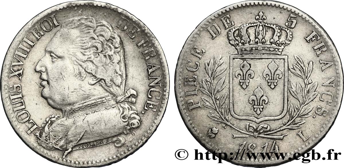 5 francs Louis XVIII, buste habillé 1814 Bayonne F.308/8 XF48 
